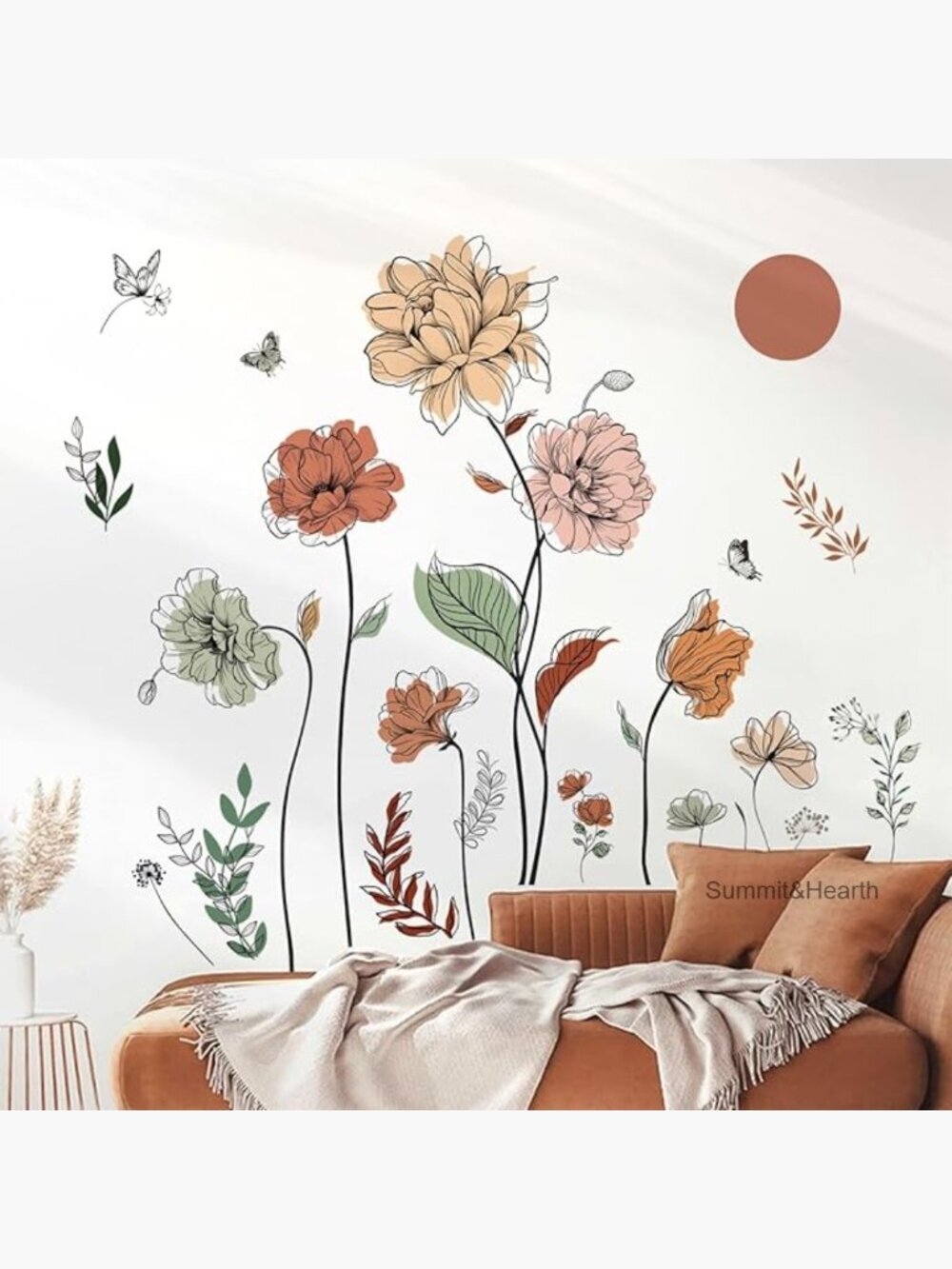 Boho Floral Wall Decals, Waterproof Vinyl Stickers for Living Room Bedroom